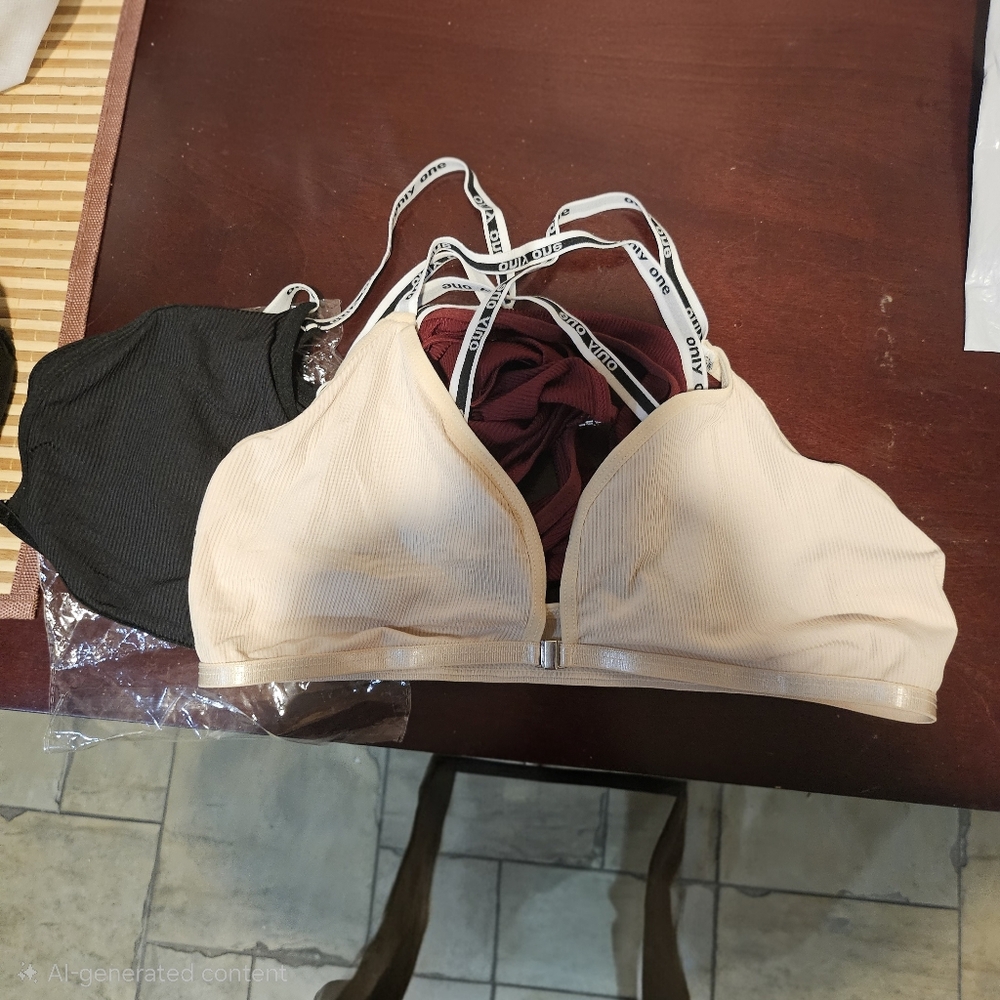 Burgundy, Beige and Black Women's Bra Set, 3 Pieces. Sz L
